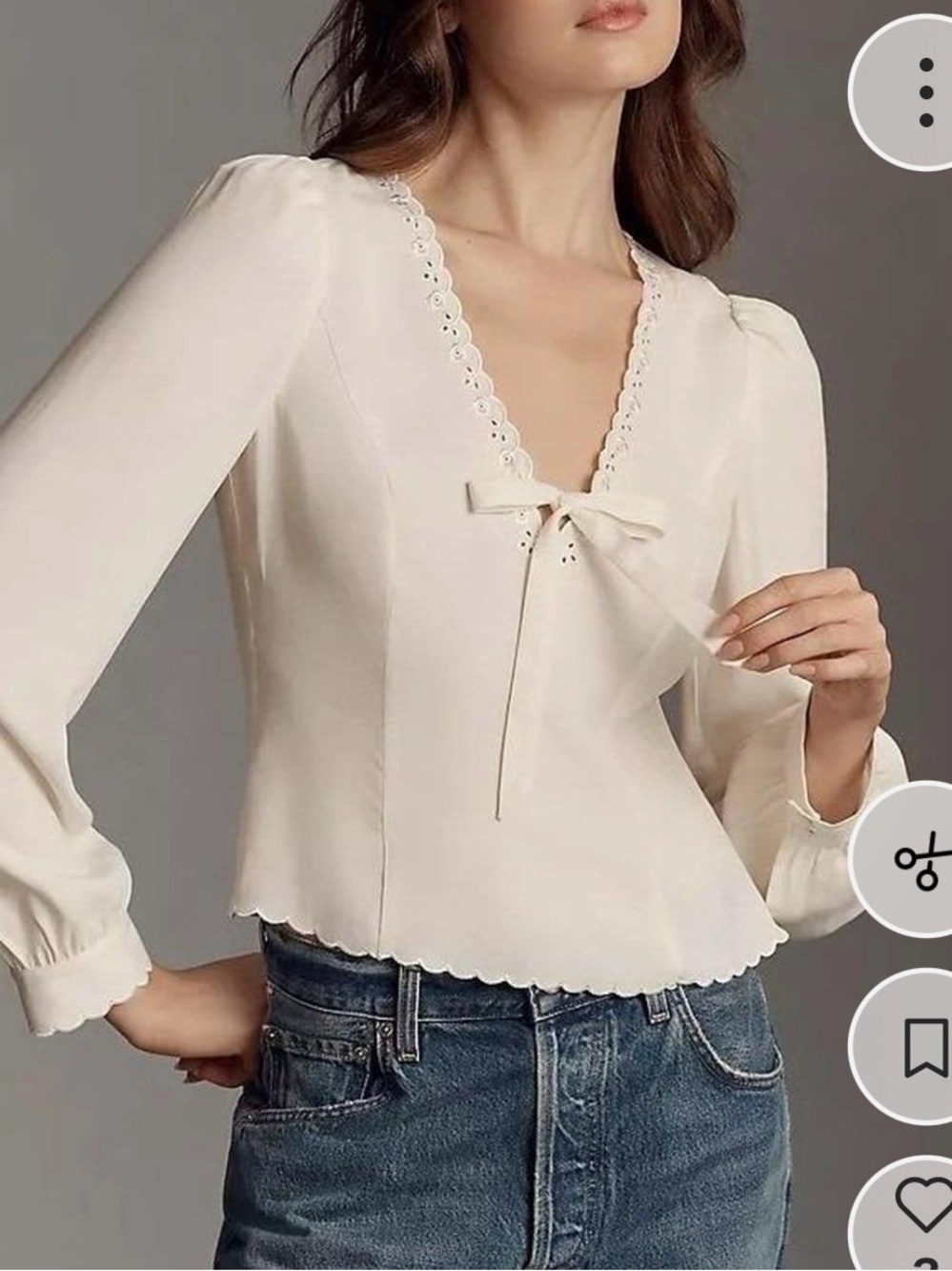 Reformation Cream Scalloped V-Neck Tie Blouse
